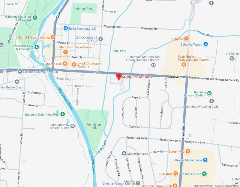 A Google Map Showing the Location of The Mighty Lion Express Wash in Gahanna Ohio.